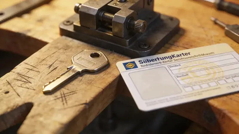 Sicherungskarte neben einem geschützten Sicherheitsschlüssel auf Holzuntergrund