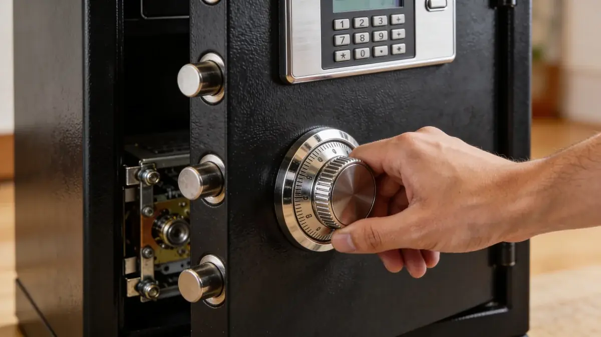 Nahaufnahme eines modernen Wandtresors mit elektronischem Zahlenschloss