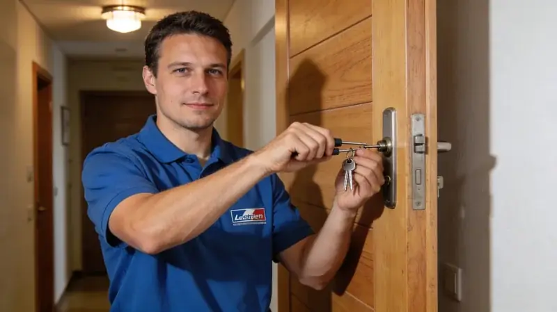 Schlüsseldienst-Techniker öffnet eine Wohnungstür professionell mit Spezialwerkzeugen